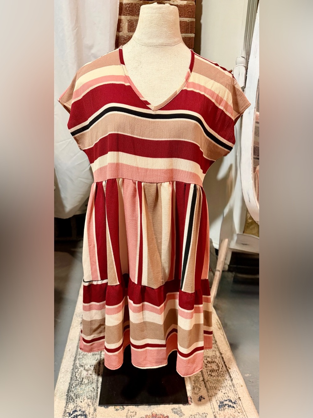 entro Striped V-Neck Tiered Midi Dress in Red, Cream, Pink and Tan